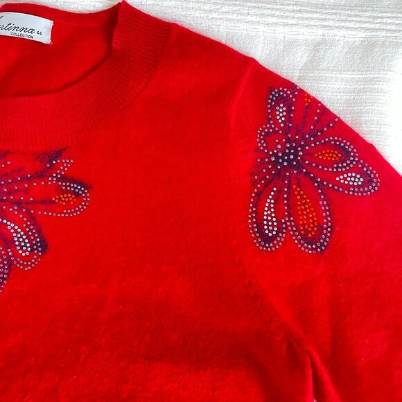 Vintage Martinna Collection Rhinestone Floral Cashmere Sweater Red - Picture 8 of 12